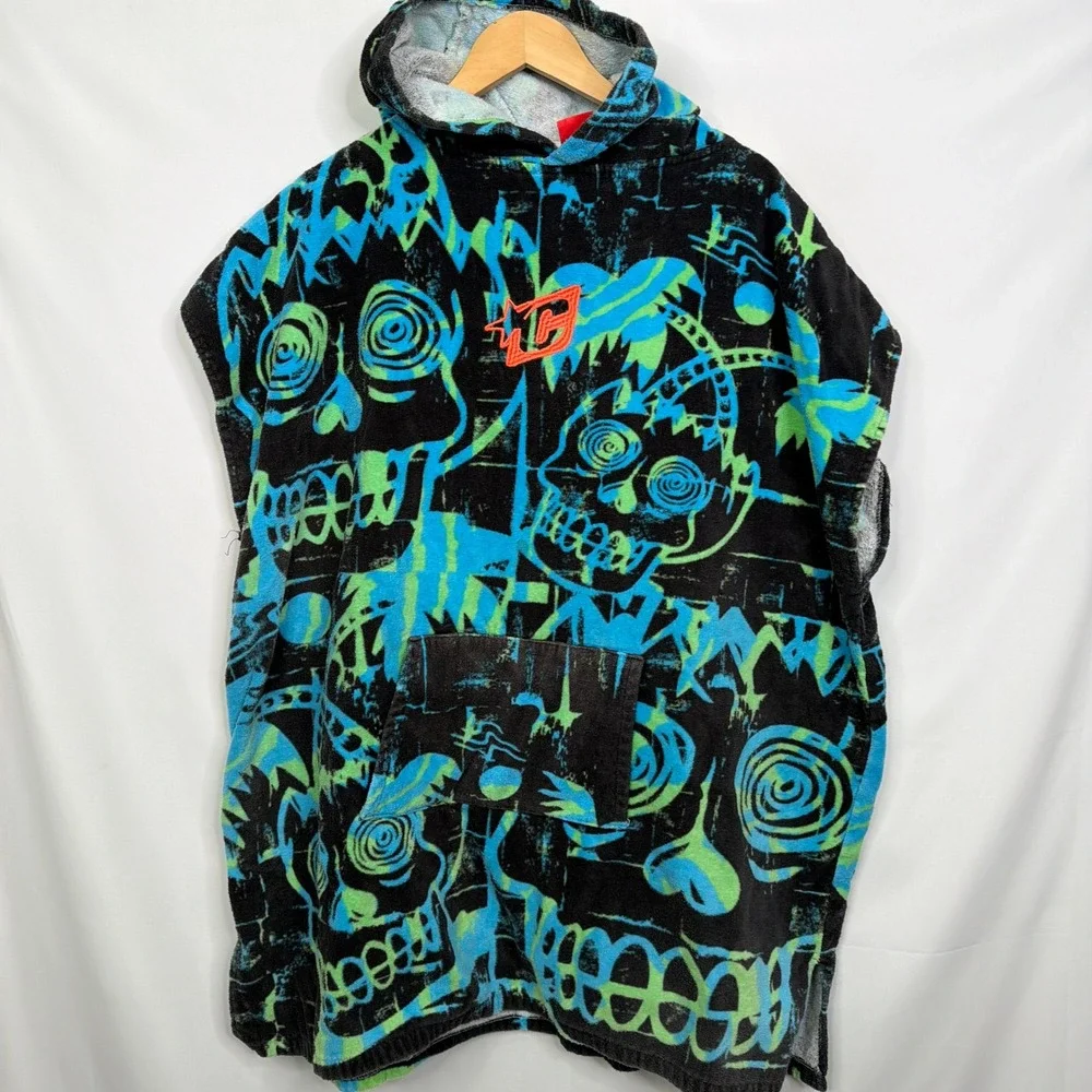 Creatures of Leisure Youth Surf Poncho Hooded Towel Skull Print Blue Green OSFM